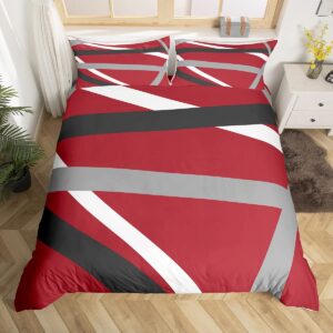 erosebridal red grey white geometry lines duvet cover queen,bold stripes comforter cover,geometric lines bedding set,abstract graphics quilt cover with 2 pillow shams for adult youth bedroom decor