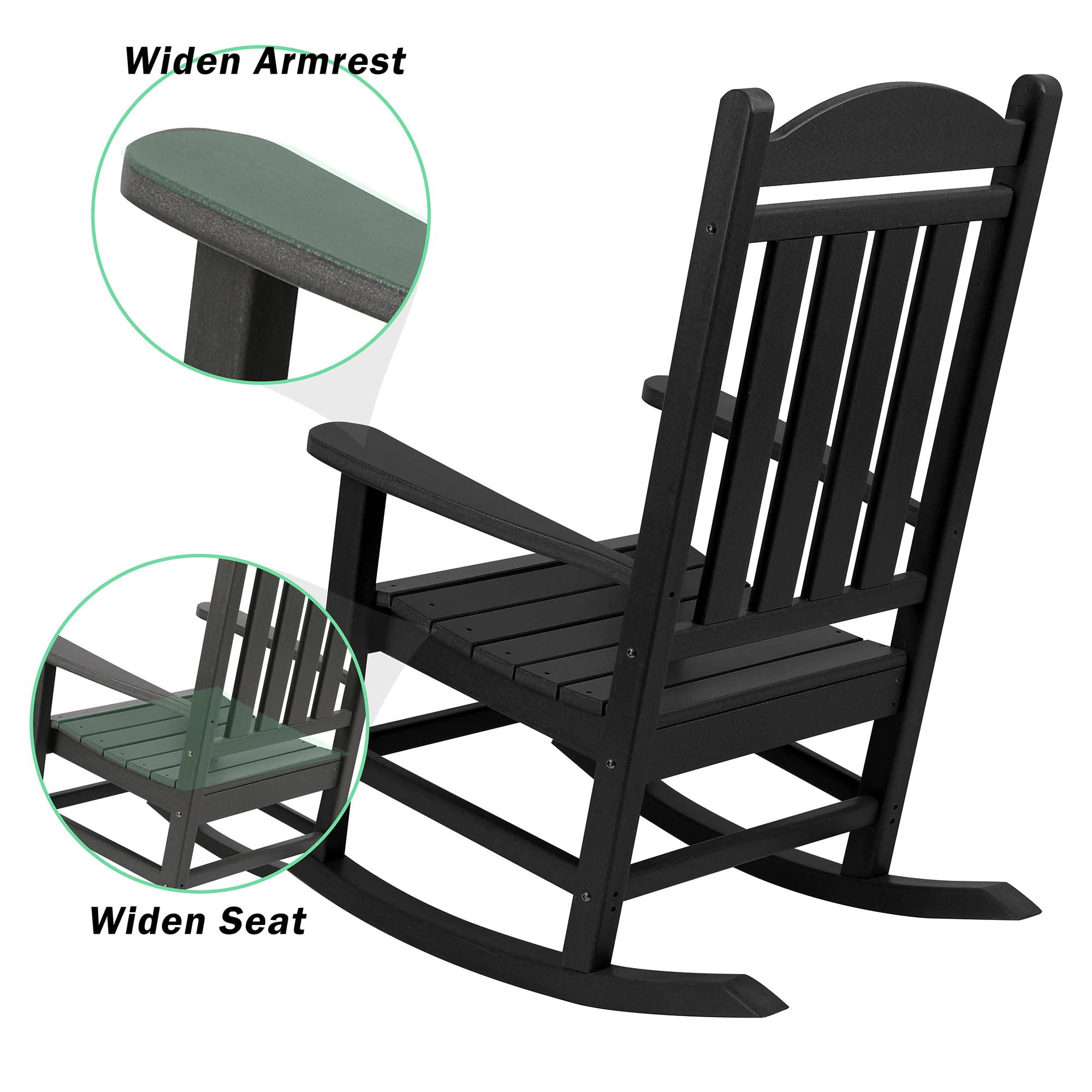 Xilingol Patio Rocking Chair, Poly Lumber Porch Rocker with High Back, 400Lbs Support Rocking Chairs for Outdoor Garden Lawn, Black