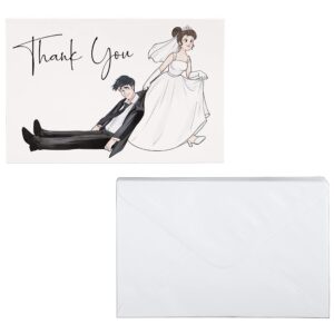 Iconikal Funny Wedding Thank You Note Greeting Cards with Envelopes, Bride Dragging Groom, 30-Count