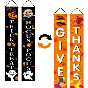 halloween decorations outdoor - reversible banner trick or treat/thanksgiving day hanging flags porch sign, fall decor for front door home garden yard halloween party decoration