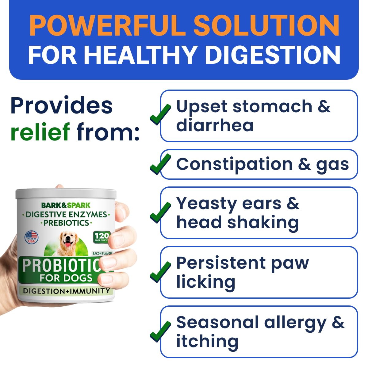 BARK&SPARK Dog Probiotics & Digestive Enzymes (Gut Health) Allergy & Itchy Skin - Pet Diarrhea Gas Treatment Upset Stomach Relief Pill, Digestion Health Prebiotic Supplement Tummy Treat (120Ct Bacon)