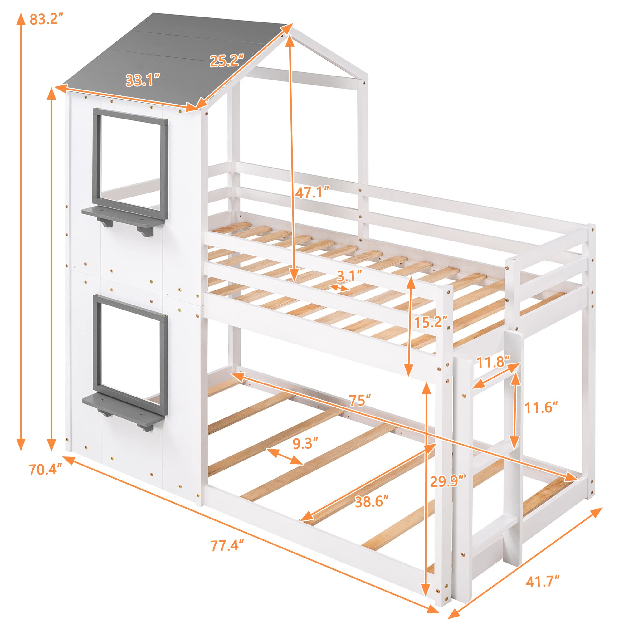 P PURLOVE Twin Over Twin Bunk Bed, Wood bunk Bed Frame with Ladder, Bunk Bed with Roof, Window and Guardrails, for Boy, Girls and Young Teens, White