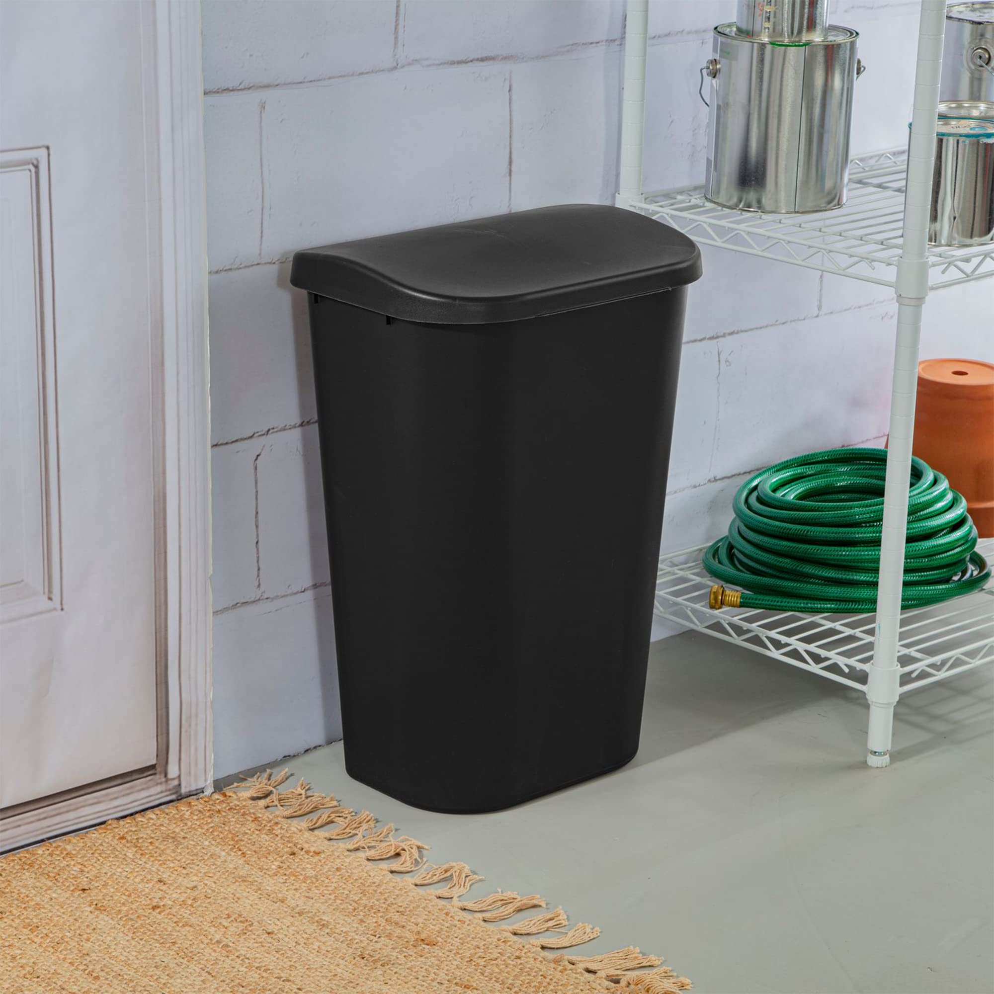 Sterilite 11.3 Gallon D Shape Flat Side Lift Top Lid Wastebasket Trash Can for Kitchen, Home Office, and Garage, or Workspace, Black (6 Pack)