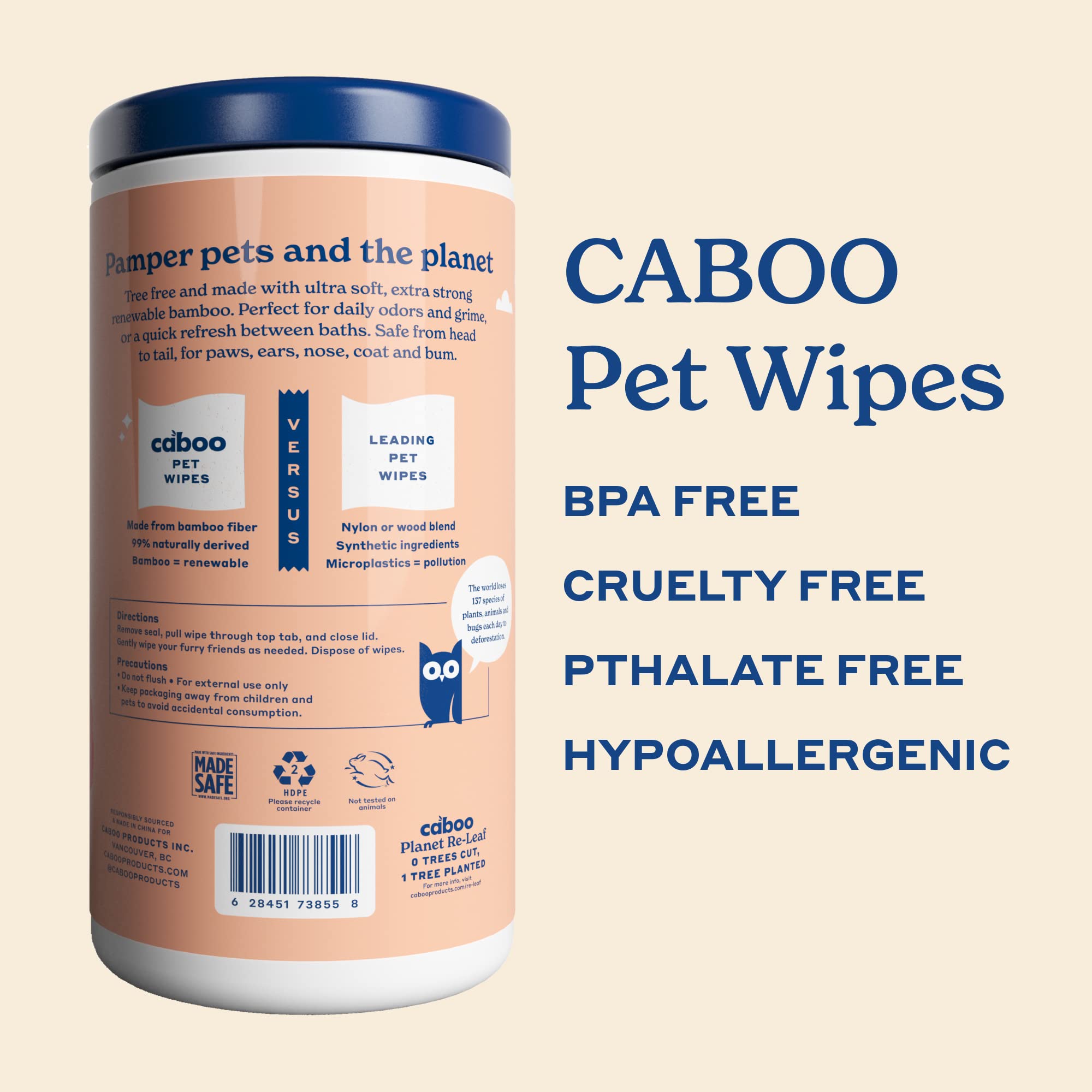 Caboo Tree Free Pet Wipes for Dogs & Cats | Natural, Earth Friendly, Deodorizing, Hypoallergenic Cleaning Wipes for Eyes, Ears, Paws, & Face (Unscented, 2 Canisters, Total of 140 Jumbo Wipes)