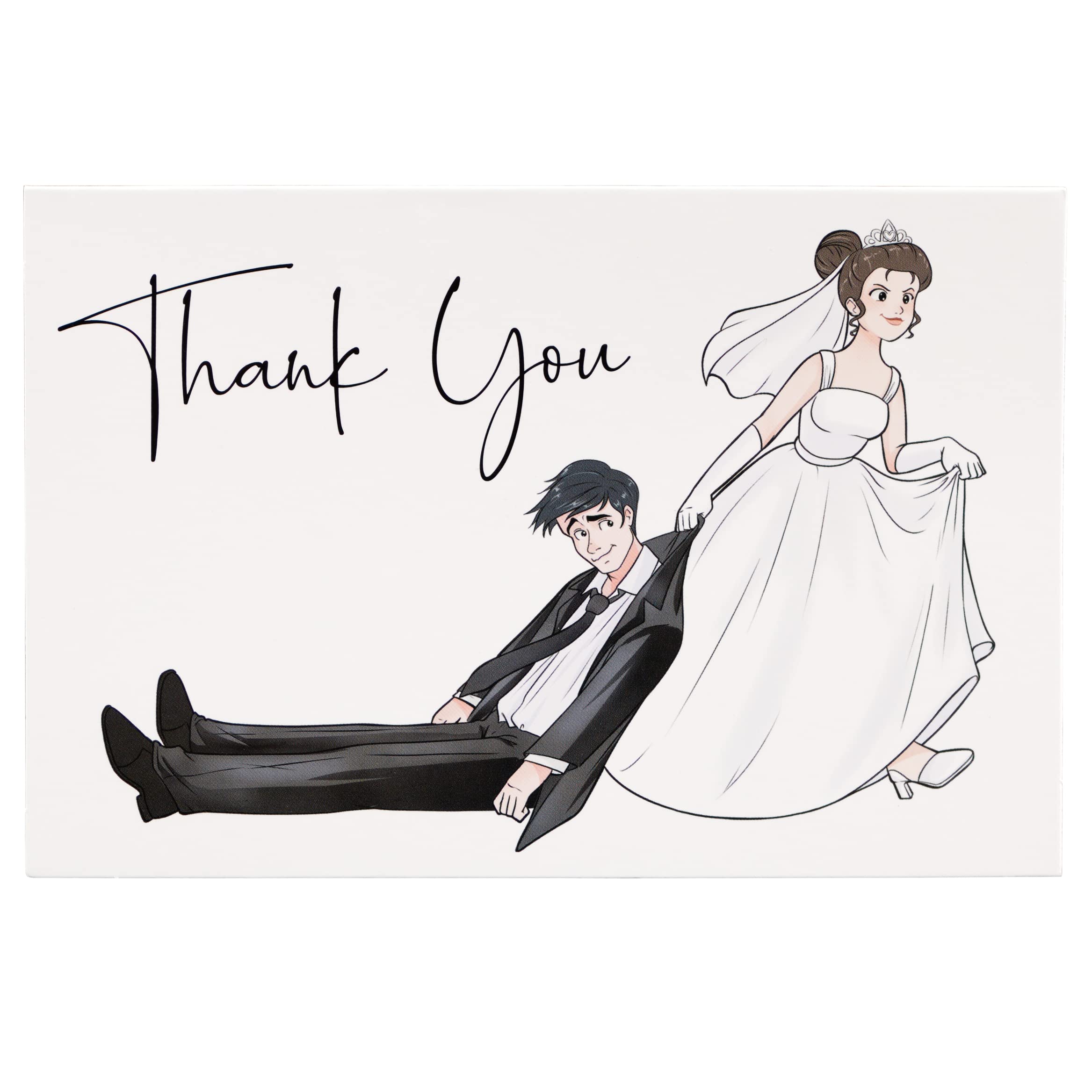 Iconikal Funny Wedding Thank You Note Greeting Cards with Envelopes, Bride Dragging Groom, 30-Count