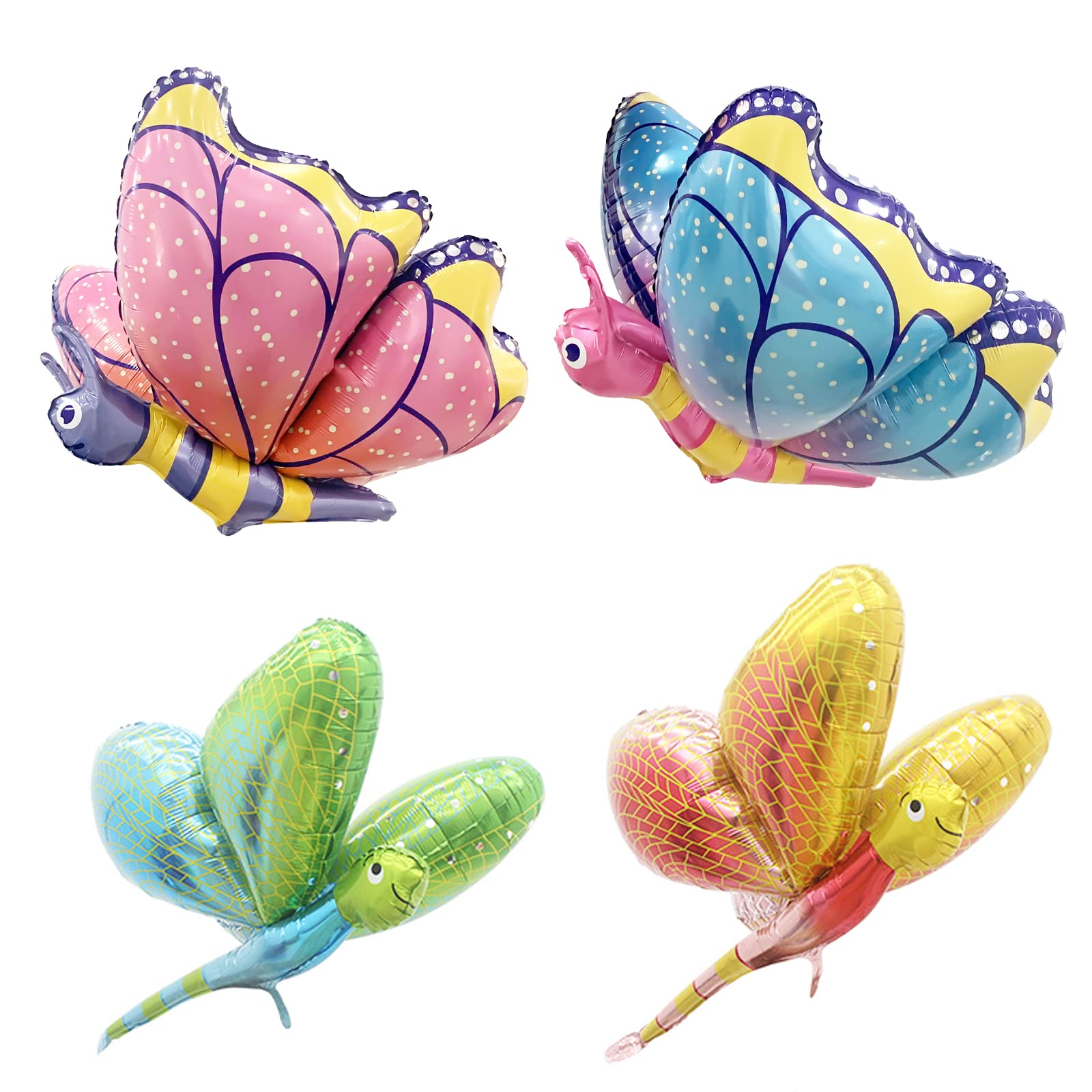 MASCARE Dragonfly Butterfly Foil Balloons 33 Inch Cute Flying Insect Balloons Fairy Jungle Theme Party Decor Balloons for Baby Shower Child Birthday Party Supplies (Pack of 4)