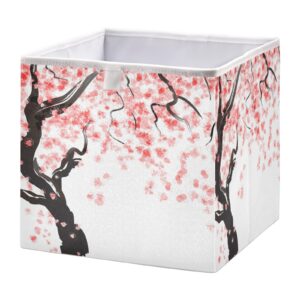 poeticcity red pink japanese cherry blossom flowers black trunk on white square storage basket bin, collapsible storage box, foldable nursery baskets organizer for toy, clothes easy to assemble