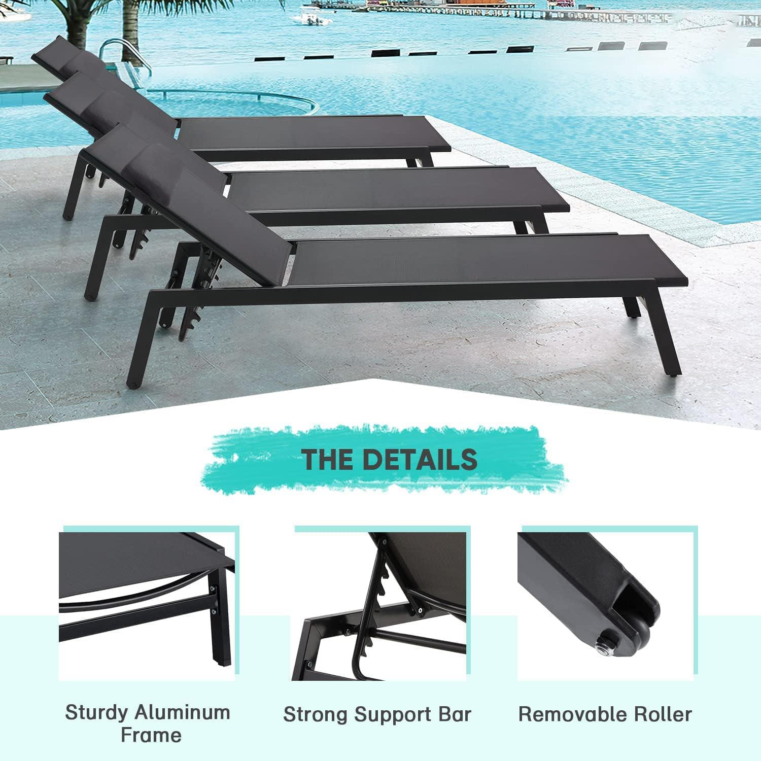 EROMMY Outdoor Chaise Lounge Chairs, All-Weather Patio Loungers with 5-Position Adjustable Backrest & Removable Cushions, Aluminum Reclining Chair for Beach, Poolside, Balcony