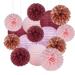 rose-gold pink burgundy party decorations - 15pcs tissue pom poms paper flowers paper lanterns girl birthday baby bridal shower bachelorette engagement wedding mothers day valentines galentines decor