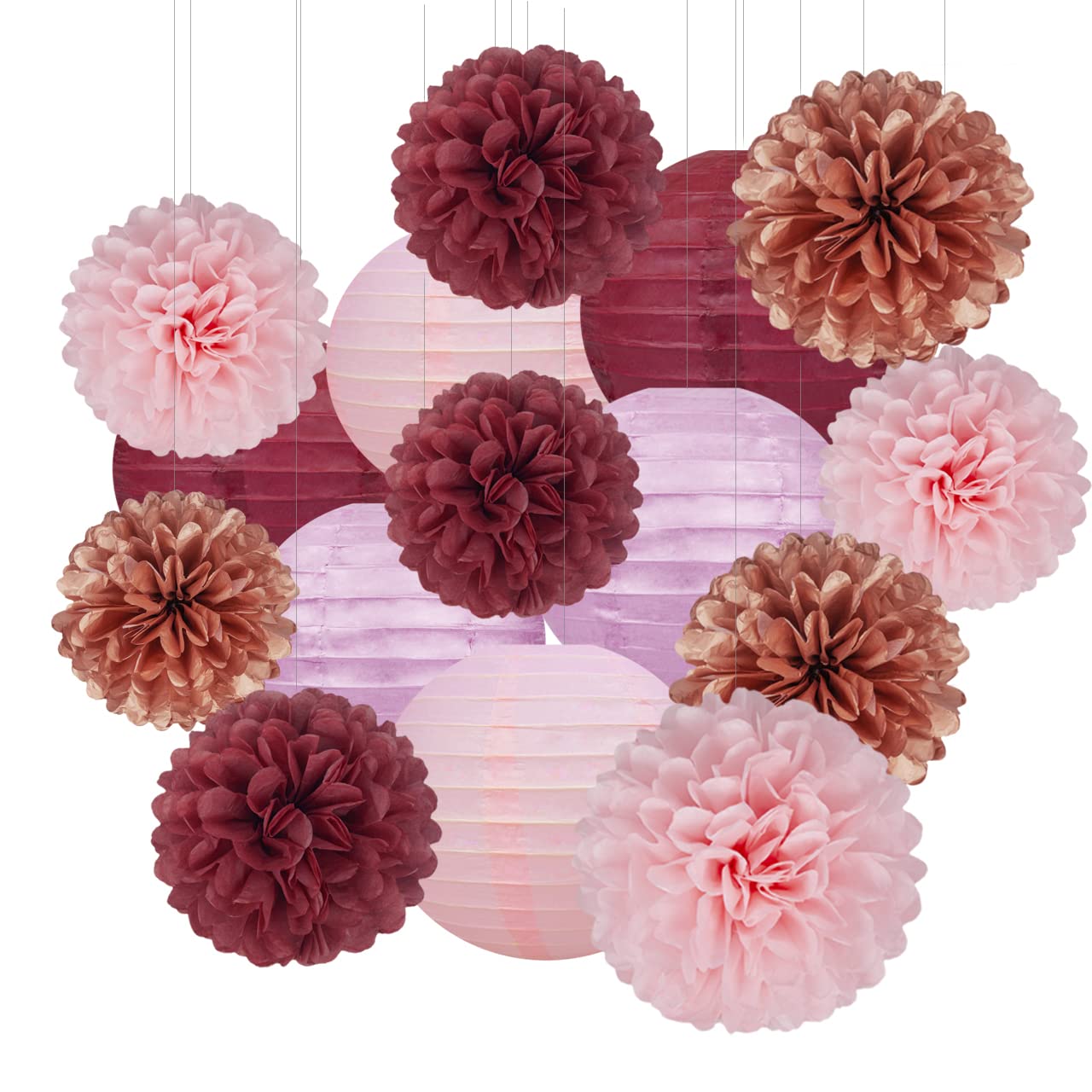 Rose-Gold Pink Burgundy Party Decorations - 15Pcs Tissue Pom Poms Paper Flowers Paper Lanterns Girl Birthday Baby Bridal Shower Bachelorette Engagement Wedding Mothers Day Valentines Galentines Decor