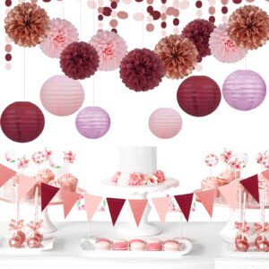 Rose-Gold Pink Burgundy Party Decorations - 15Pcs Tissue Pom Poms Paper Flowers Paper Lanterns Girl Birthday Baby Bridal Shower Bachelorette Engagement Wedding Mothers Day Valentines Galentines Decor