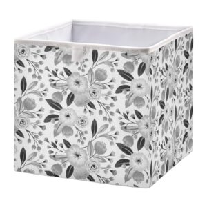 poeticcity black grey floral flowers on white square storage basket bin, collapsible storage box, foldable nursery baskets organizer for toy, clothes easy to assemble