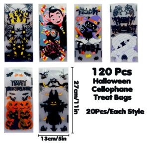 VEYLIN 120Pcs Halloween Cellophane Treat Bags, Cartoon Clear Candy Bags with Twist Ties for Halloween Party Favors Supplies