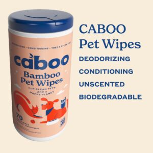 Caboo Tree Free Pet Wipes for Dogs & Cats | Natural, Earth Friendly, Deodorizing, Hypoallergenic Cleaning Wipes for Eyes, Ears, Paws, & Face (Unscented, 2 Canisters, Total of 140 Jumbo Wipes)