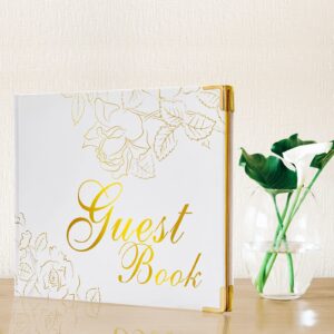 JEWPHX Guest Book with Pen– 9"x7" Hardcover 120 Page/60 Sheets-Gold Foil Gilded Edgesfor Guests to Sign at a Wedding, Party, Baby or Bridal Shower(White)