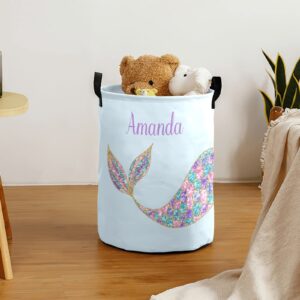 Mermaid Blue Large Laundry Basket Custom Name Foldable Clothes Bag Collapsible Fabric Laundry Hamper Folding Washing Bin for Gift