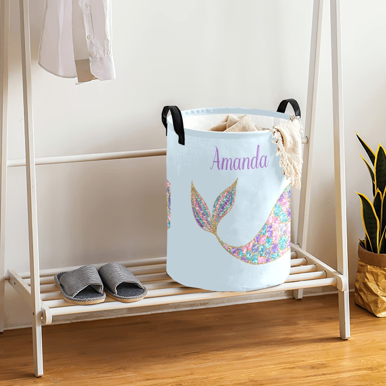 Mermaid Blue Large Laundry Basket Custom Name Foldable Clothes Bag Collapsible Fabric Laundry Hamper Folding Washing Bin for Gift