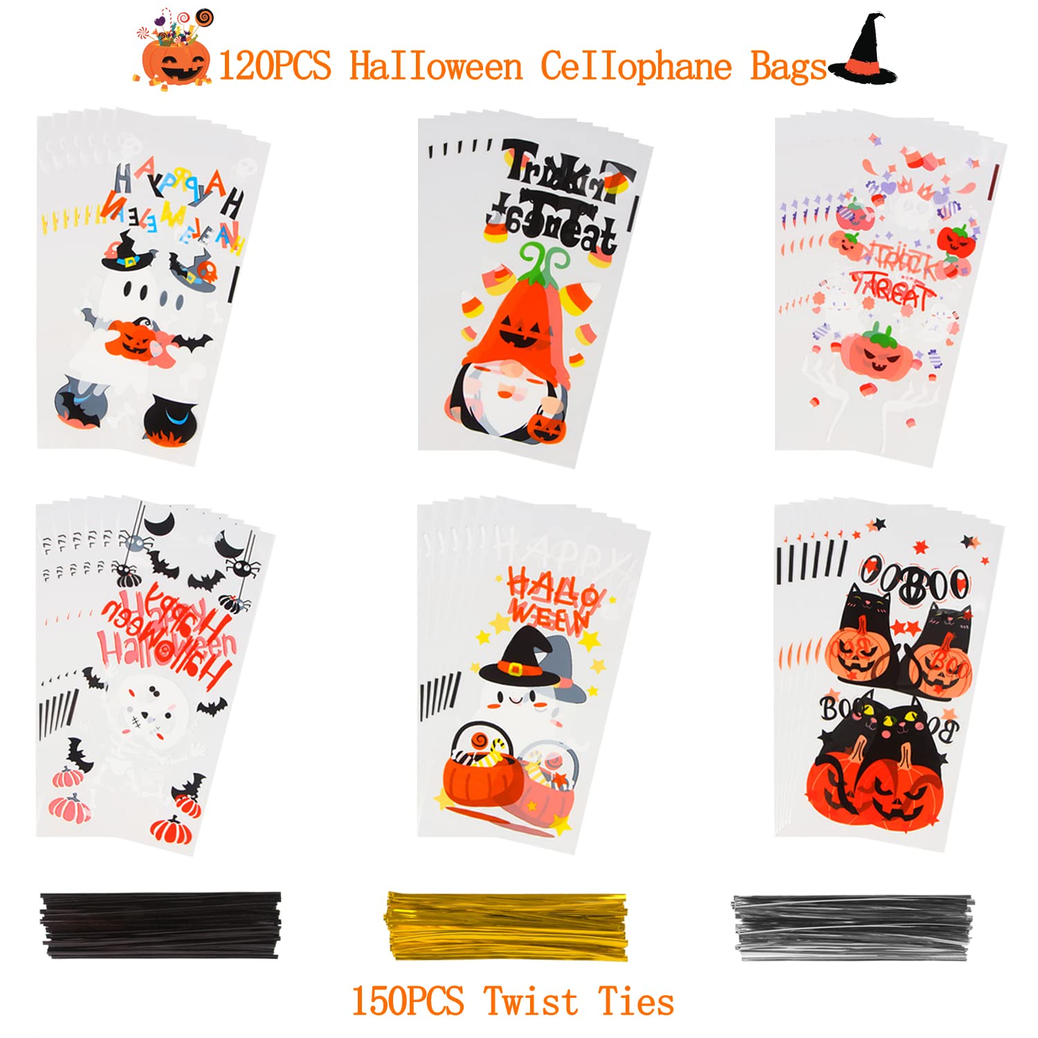 STEFORD 120PCS Halloween Cellophane Treat bags,Halloween Clear Cellophane Trick or Treat Candy Gift Cookie Bags with Twists for Halloween Party Favors Supplies