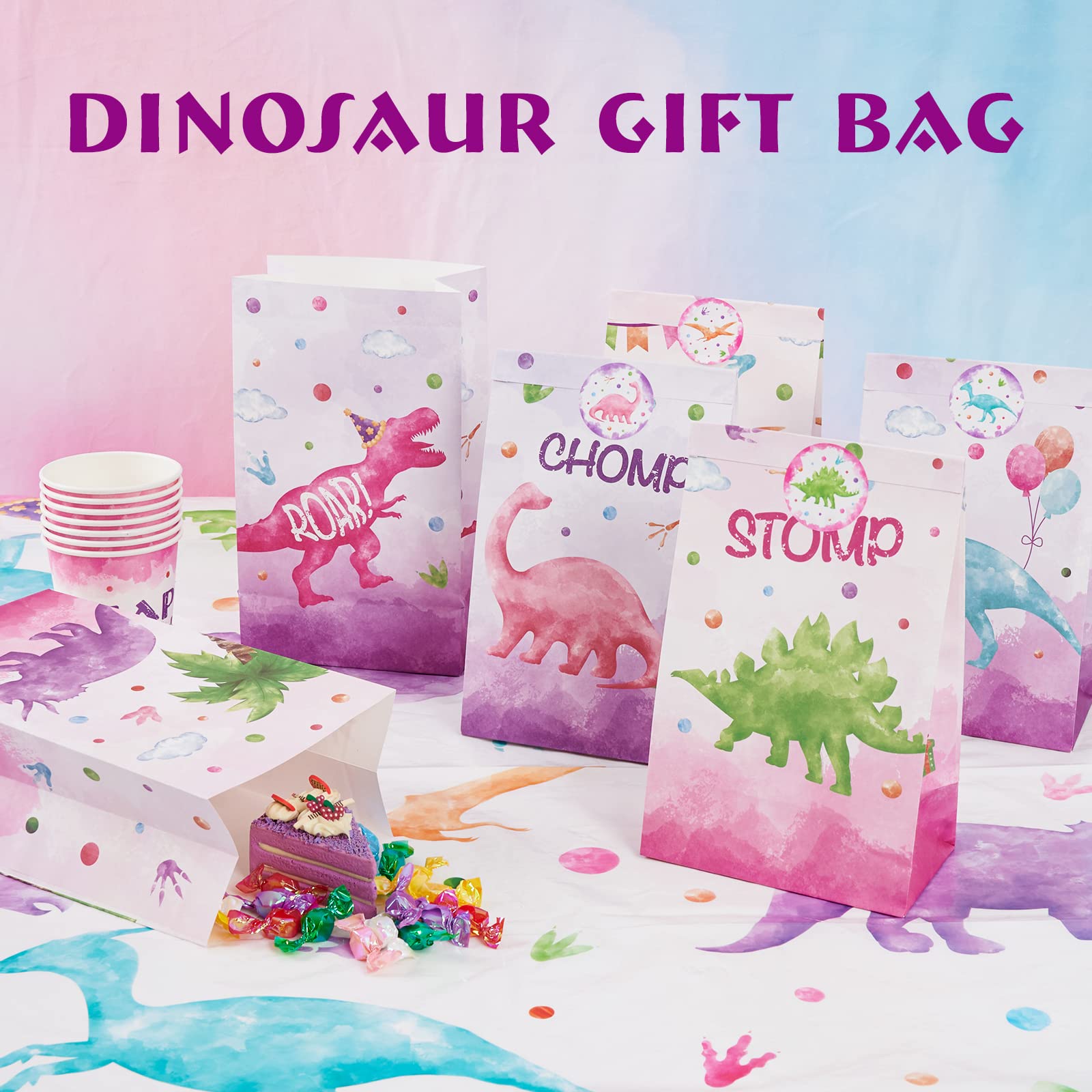 WERNNSAI Watercolor Dinosaur Goodie Bags - 24 PCS Dinosaur Party Supplies for Girls Kids Baby Shower Birthday Gift Bags Dino Theme Party Favors Candy Treat Bags with Stickers