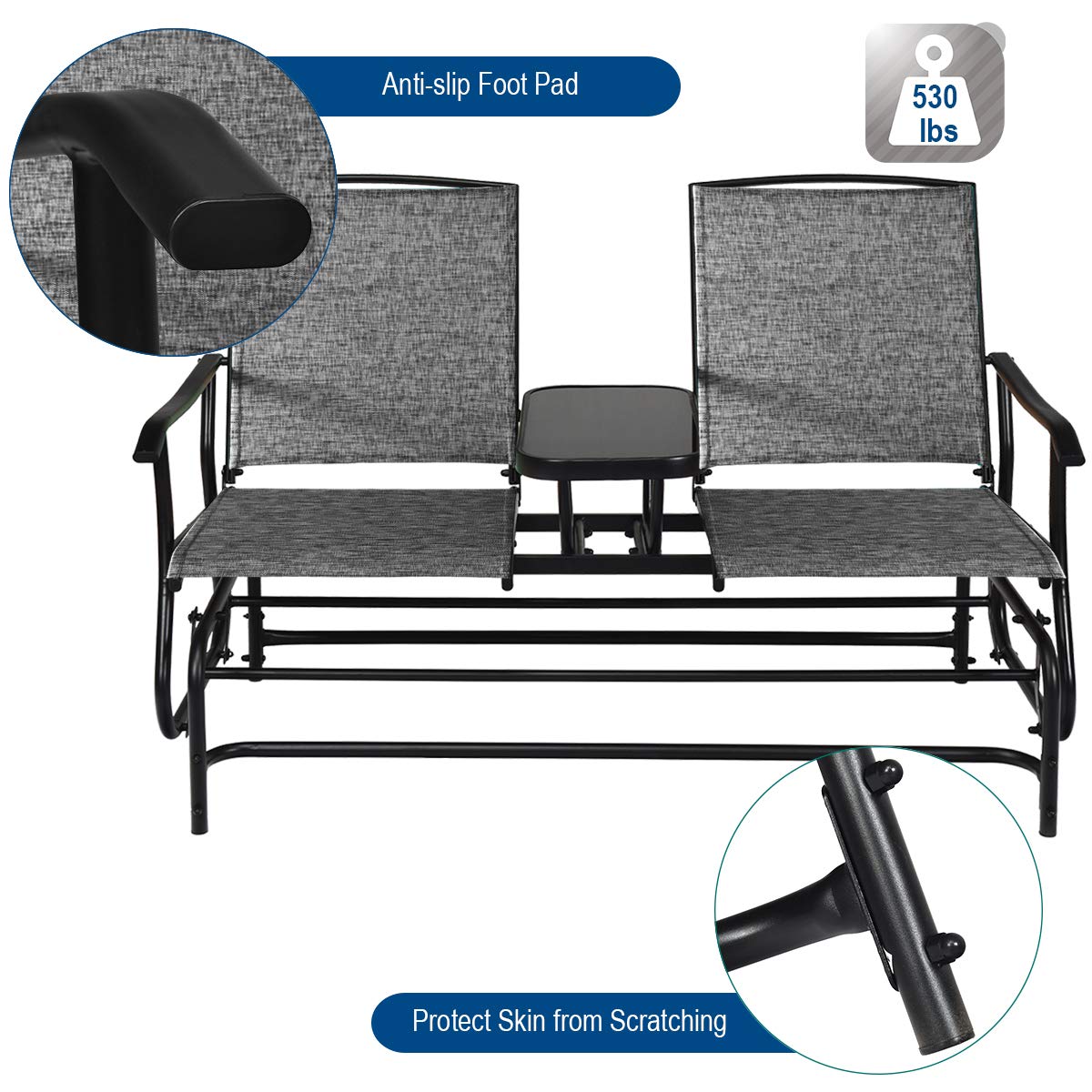 ReunionG 2-Person Outdoor Glider Chair, Patio Bench Loveseat w/Tempered Glass Center Table & Sturdy Metal Frame, Porch Swing Rocking Chair for Outside, Balcony, Garden, Grey