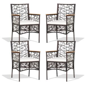 tangkula set of 4 outdoor dining chairs, patiojoy all-weather pe wicker patio bistro chairs with acacia wood armrests and soft cushions, outdoor armchairs for porch, garden, poolside and backyard