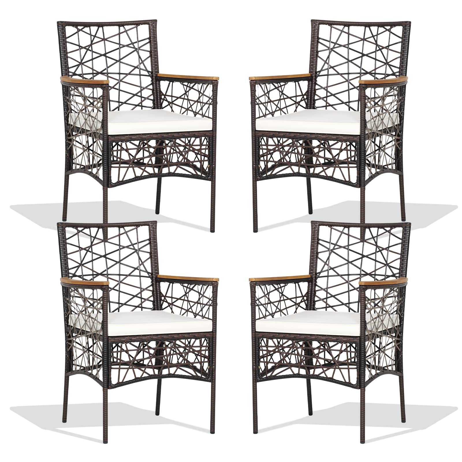 Tangkula Set of 4 Outdoor Dining Chairs, Patiojoy All-Weather PE Wicker Patio Bistro Chairs with Acacia Wood Armrests and Soft Cushions, Outdoor Armchairs for Porch, Garden, Poolside and Backyard