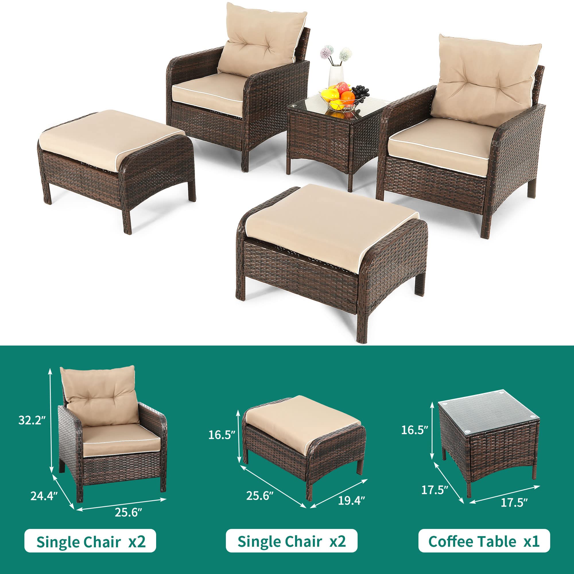 YITAHOME 5 Piece Wicker Patio Furniture Set, Patio Set Porch Furniture Outdoor Lounge Chair with Ottoman and Side Table, Brown