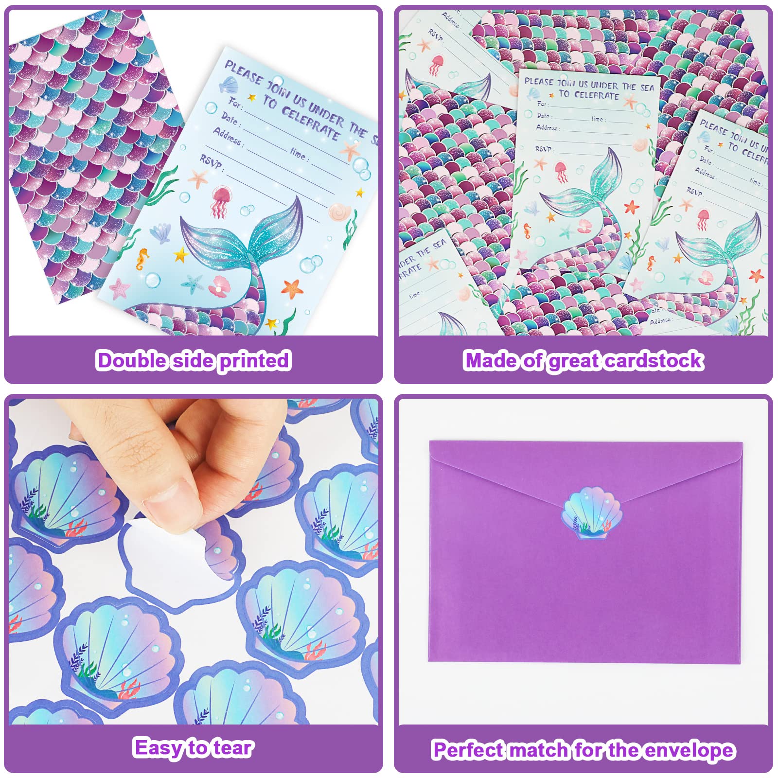 30 Pack Mermaid Birthday Invitation Mermaid Party Invitation Cards, 30 Mermaid Sticker Labels with 30 Envelopes Under the Sea Party Decorations Supplies for Kids Girls Baby Shower Ocean Birthday Party