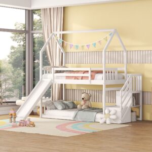 bellemave house bunk beds with stairs and slide low twin over twin solid wood floor bunk bed for kids girls boys teens, white