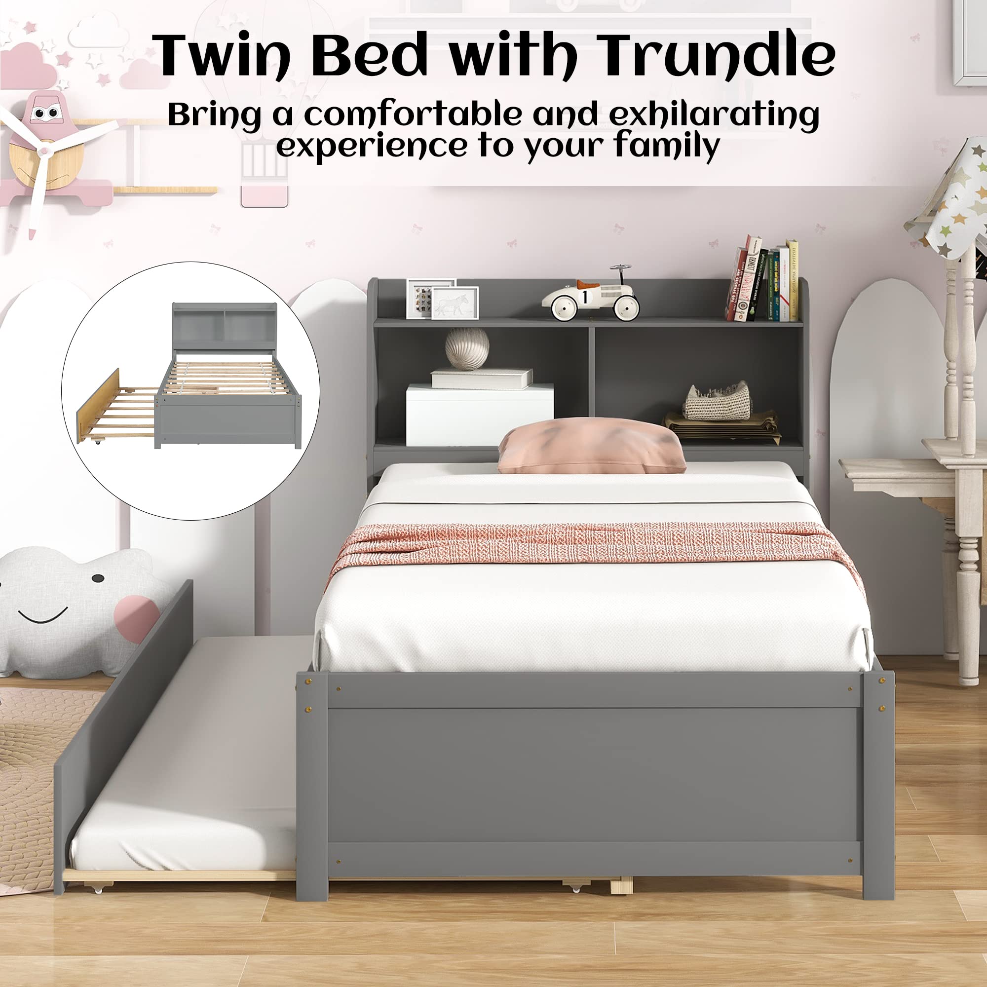 Olela Twin Bed with Trundle Bookshelf, Platform Twin Bed with Trundle with Bookcase Storage for Girls Boys, No Need Box Spring (Grey)