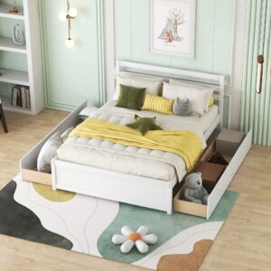 bellemave full bed with 4 drawers and headboard wood platform beds with storage and slat support for kids boys girls teens, white