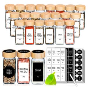 churboro 36 spice jars with labels- spice jars with bamboo lids - 4 oz glass spice containers with shaker lids, 547 spice labels of 3 different types seasoning jars for spice rack, cabinet, or drawer