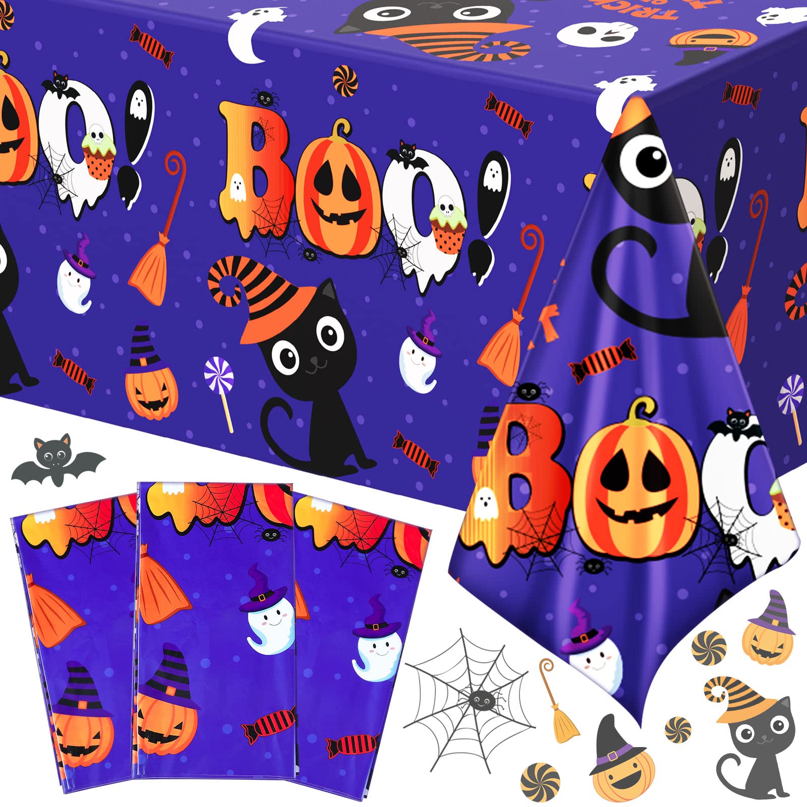 Tegeme Bulk Halloween Tablecloth for Kids Party 108 x 54 Inch Disposable Plastic Rectangular Table Covers with Cute Cat Pumpkin Boo Decorations for Happy Halloween Birthday Party Supplies(3 Pack)