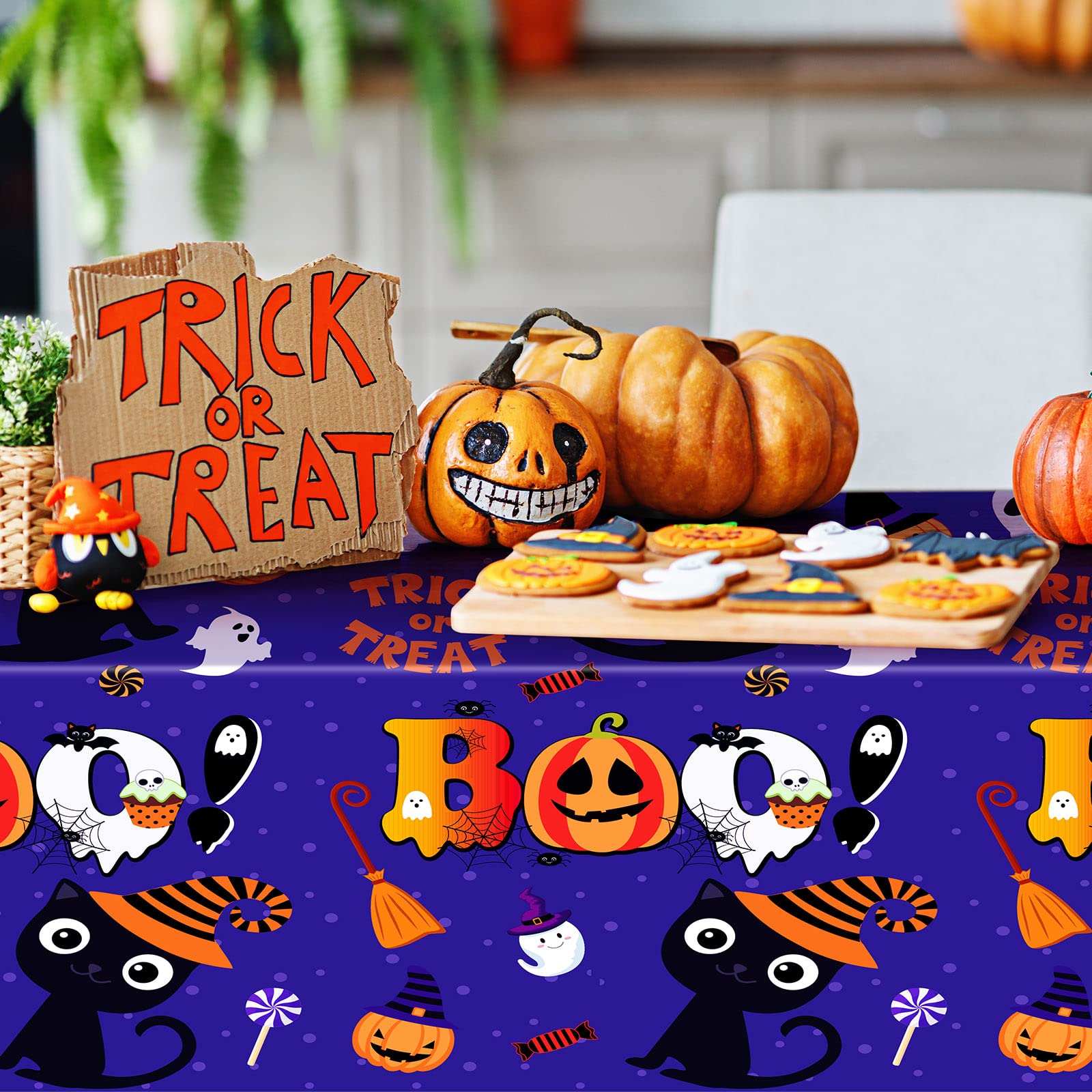 Tegeme Bulk Halloween Tablecloth for Kids Party 108 x 54 Inch Disposable Plastic Rectangular Table Covers with Cute Cat Pumpkin Boo Decorations for Happy Halloween Birthday Party Supplies(3 Pack)