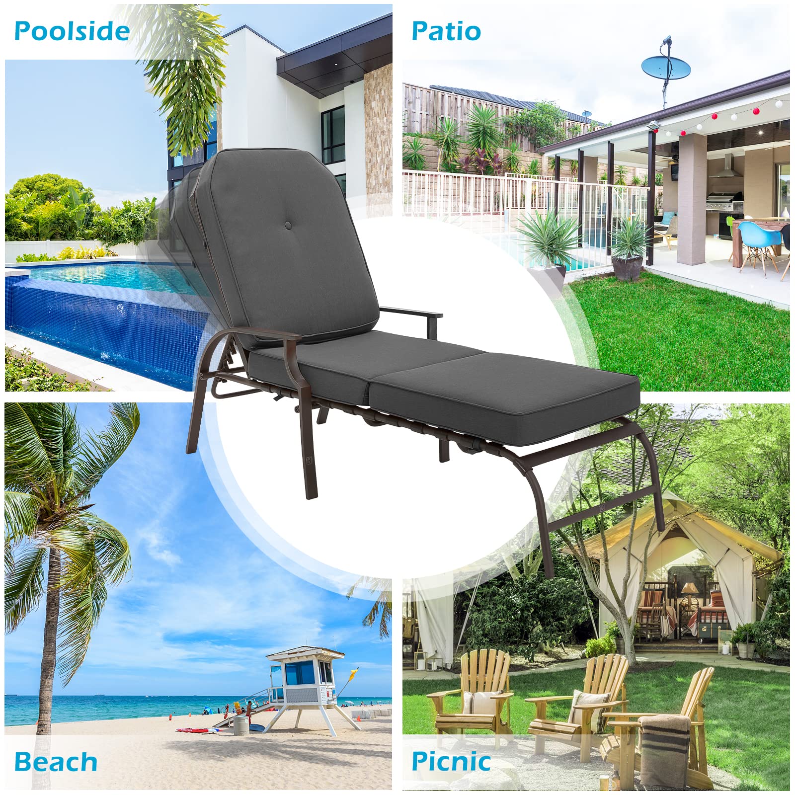 U-MAX Adjustable Outdoor Chaise Lounge Chair Patio Lounge Chair Recliner Furniture with Armrest and Cushion for Deck, Poolside, Backyard （Grey）