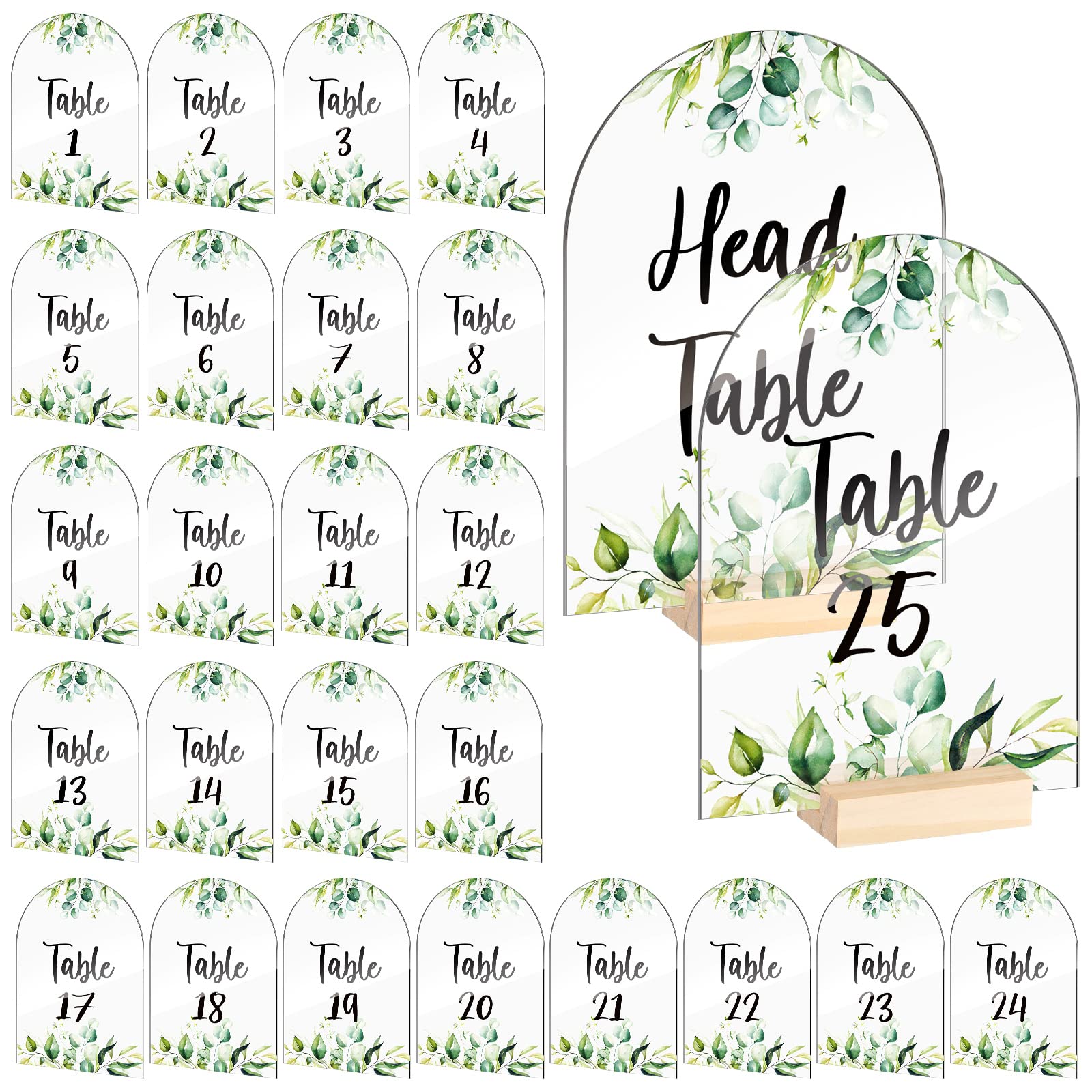 Jetec 26 Pcs Acrylic Wedding Table Numbers 1-25 Printed 4 x 6 Inch Clear Acrylic Table Signs Greenery Floral Arched Place Cards for Wedding Reception Bridal Shower Baby Shower Table Centerpiece Decor