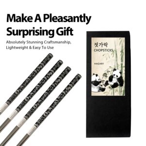 Hagary Panda Black Chopsticks Metal Chopsticks Reusable Designed In Korea Japanese Style Stainless Steel 316 18/10 Non-Slip Dishwasher Safe (Black - 2 Pairs)