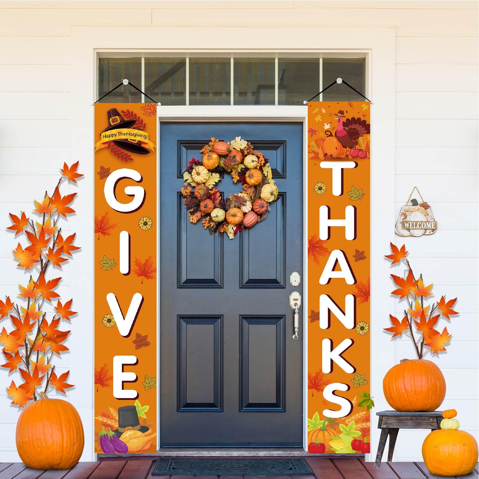 3 Pieces Halloween Trick or Treat&hocus pocus Banner and Thanksgiving Reversible Banner Happy Fall Harvest Thanksgiving Halloween Day Porch Sign Hanging Sign for Fall Decorations Outdoor,Front Door