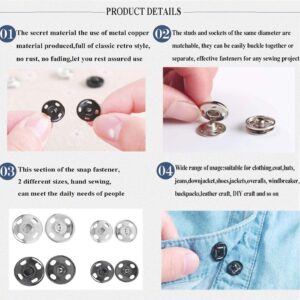 Fuman Forest 100 Sets Sew-on Snap Buttons Metal Snaps Fasteners Press Studs Buttons for Sewing, 8.5 mm,10 mm & 12mm,Black & Silver, (Fuman-034)