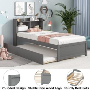 Olela Twin Bed with Trundle Bookshelf, Platform Twin Bed with Trundle with Bookcase Storage for Girls Boys, No Need Box Spring (Grey)