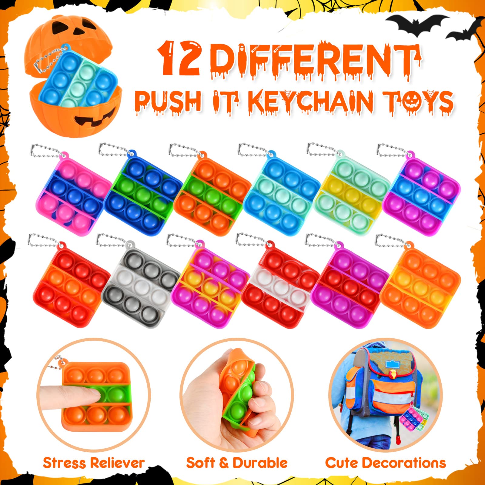 48 Halloween Toys Pack with Pumpkin Box, Halloween Party Favors Gifts for Kids, Halloween Goodie Bag Stuffers with Bubble Push it Keychain, Halloween Prizes Treats Non Candy School Classroom Favors