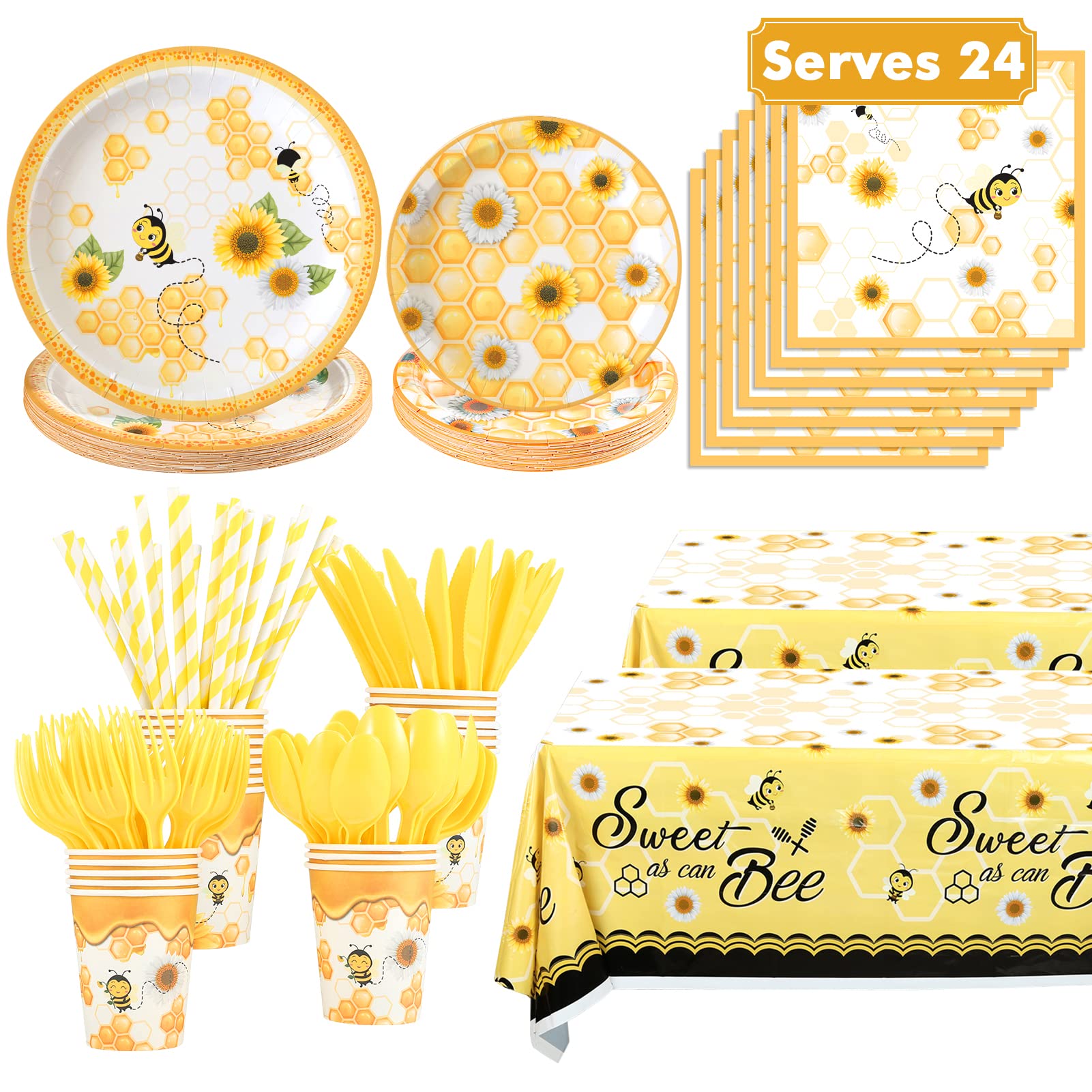 194PCS Bumble Bee Themed Party Supplies Bee Party Decorations - Bee Paper Plates and Napkins, Tablecloth, Tableware, What Will It Bee Gender Reveal Birthday Baby Shower Party Supplies, Serves 24