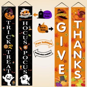 3 Pieces Halloween Trick or Treat&hocus pocus Banner and Thanksgiving Reversible Banner Happy Fall Harvest Thanksgiving Halloween Day Porch Sign Hanging Sign for Fall Decorations Outdoor,Front Door