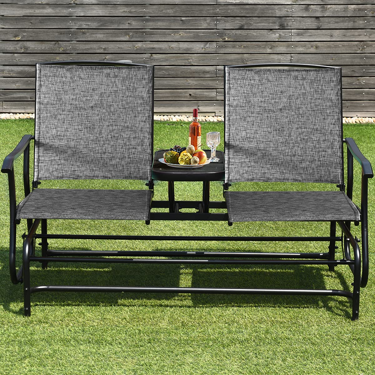 ReunionG 2-Person Outdoor Glider Chair, Patio Bench Loveseat w/Tempered Glass Center Table & Sturdy Metal Frame, Porch Swing Rocking Chair for Outside, Balcony, Garden, Grey