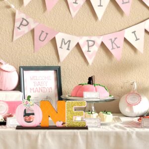 AwserTantue Pink Pumpkin ONE Letter Sign Table Wooden Centerpiece for Baby Girls First Birthday Party Decorations, Glitter Pumpkin Girls One Year Old Baby Shower 1st Birthday Ornaments Photo Prop