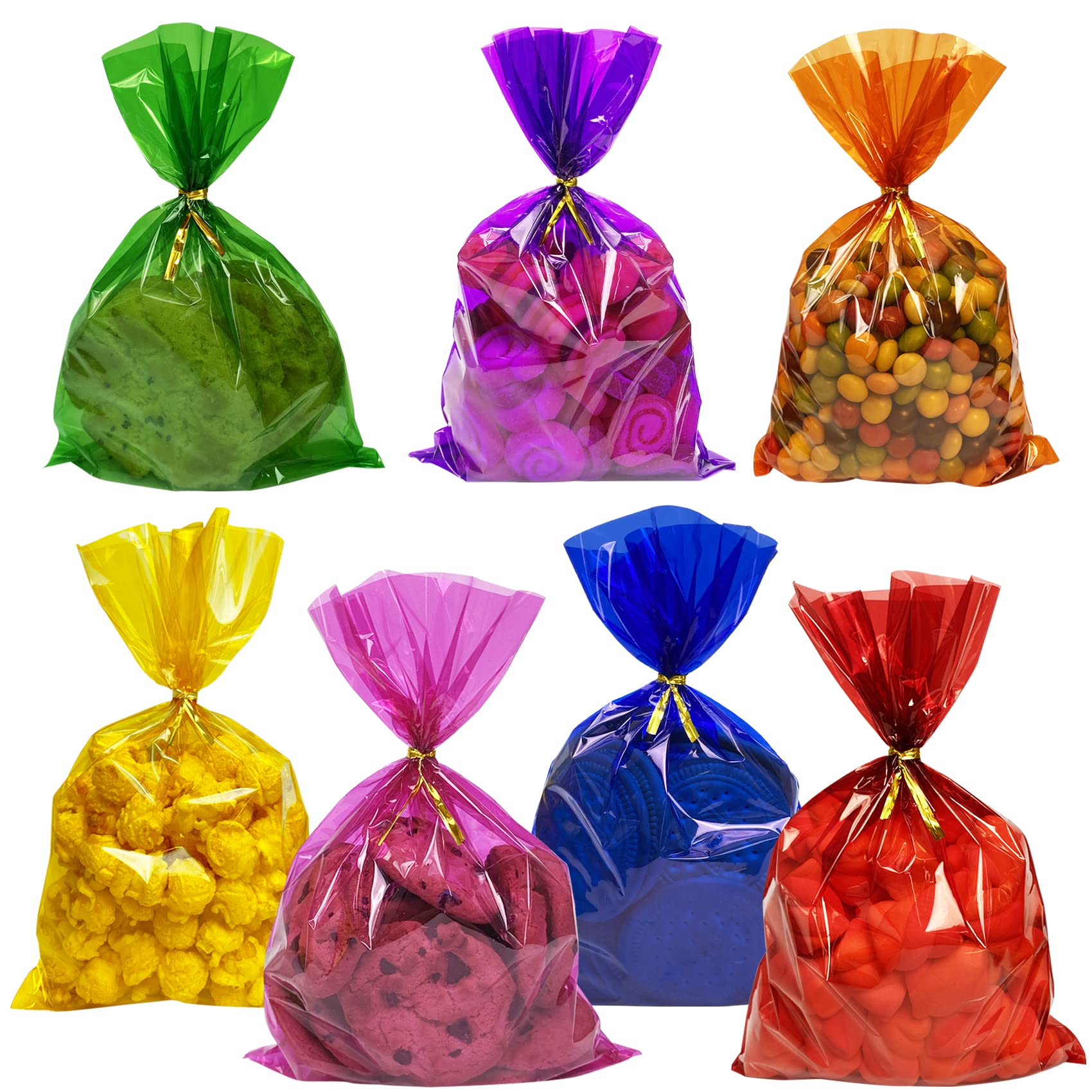 Yotelab Colored Cellophane Bags for Candy, Cookie, 6x9 Inches 100 Pcs Colorful Cellophane Treat Bags with Twist Ties