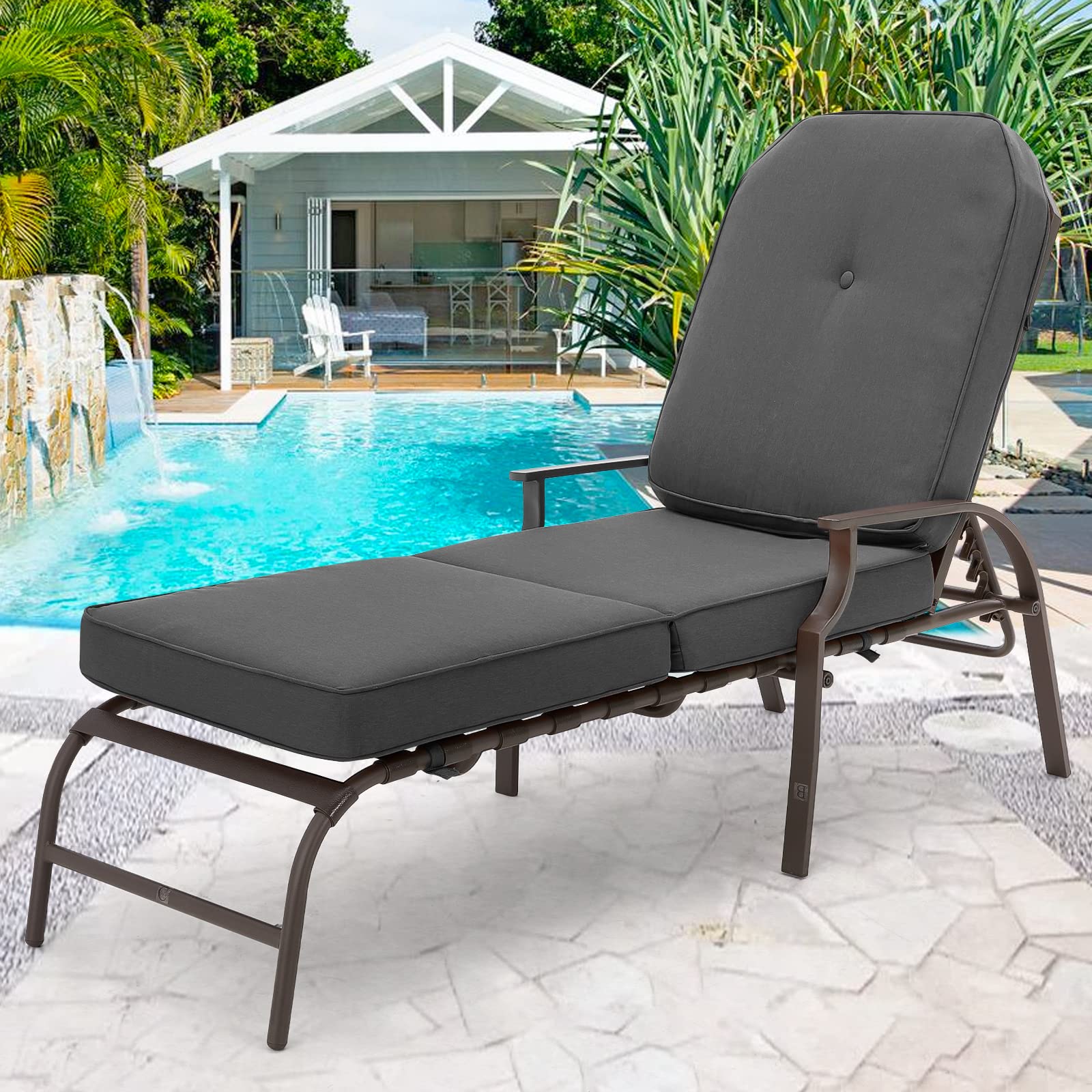 U-MAX Adjustable Outdoor Chaise Lounge Chair Patio Lounge Chair Recliner Furniture with Armrest and Cushion for Deck, Poolside, Backyard （Grey）