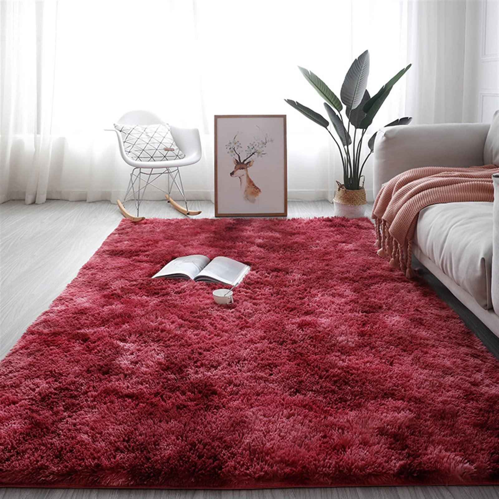 Lifup Soft Fluffy Modern Fuzzy Abstract Area Rug, Cozy Plush Rectangle Rug Shaggy Carpet for Living Room Bedroom Home Décor Tie Dye Wine Red 6.6 x 6.6 Feet