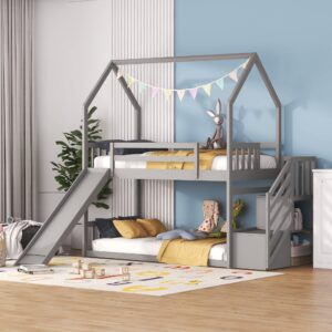 bellemave house bunk beds with stairs and slide low twin over twin solid wood floor bunk bed for kids girls boys teens, gray