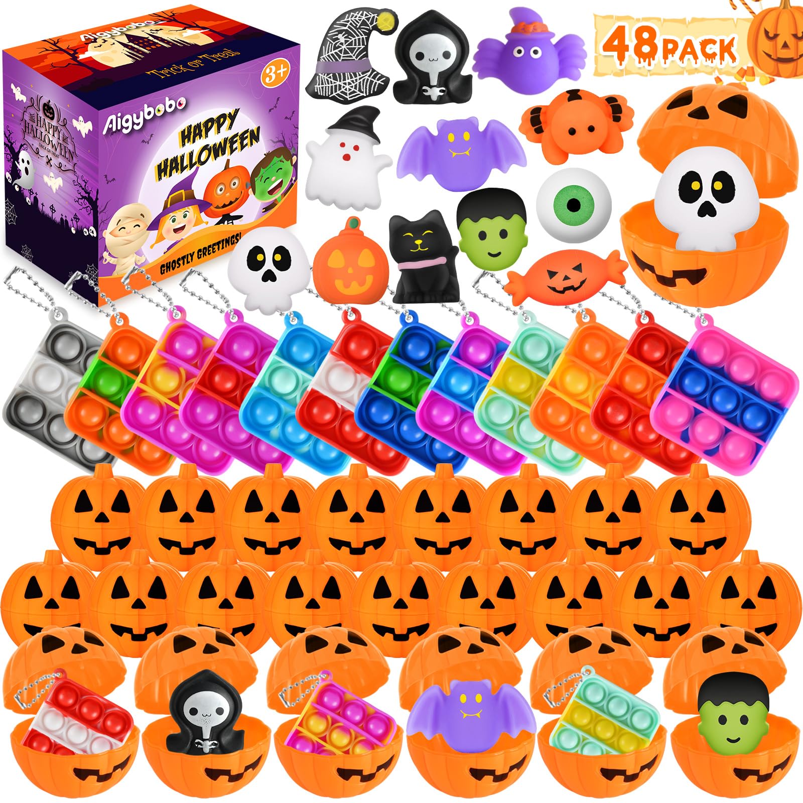 48 Halloween Toys Pack with Pumpkin Box, Halloween Party Favors Gifts for Kids, Halloween Goodie Bag Stuffers with Bubble Push it Keychain, Halloween Prizes Treats Non Candy School Classroom Favors